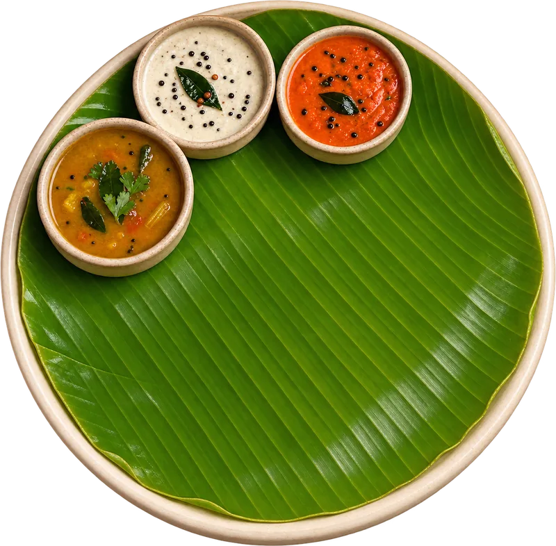 Rolled ghee dosa on a banana leaf with coconut chutney, tomato chutney and sambar